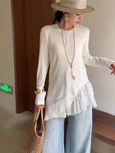 欧洲站2026春DT.Dong拼蕾丝不规则圆领长袖中长款T恤打底衫26119