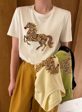 欧洲站2026春季新款圆领圆领短袖撞色重工串珠小马图案T恤女26225