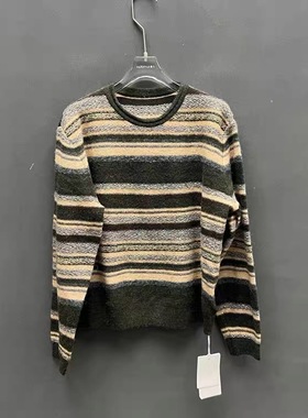 欧洲站2025冬季新款时尚百搭圆领条纹拼色宽松针织衫毛衣女251111