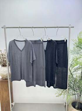 欧洲站女装PH23正品新款2026夏季V领宽松T恤前开叉半裙套装 0880