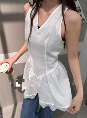欧洲站2026夏季新款天丝亚麻V领背心蕾丝花边小裙摆收腰上衣 1310
