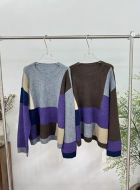 欧洲站2025冬季新款圆领拼色长袖针织衫女宽松套头毛衣251136
