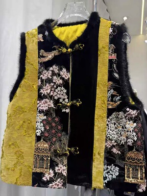 欧洲站真丝丝绒拼接重工钉珠新中式夹棉马甲新款设计感棉服79401