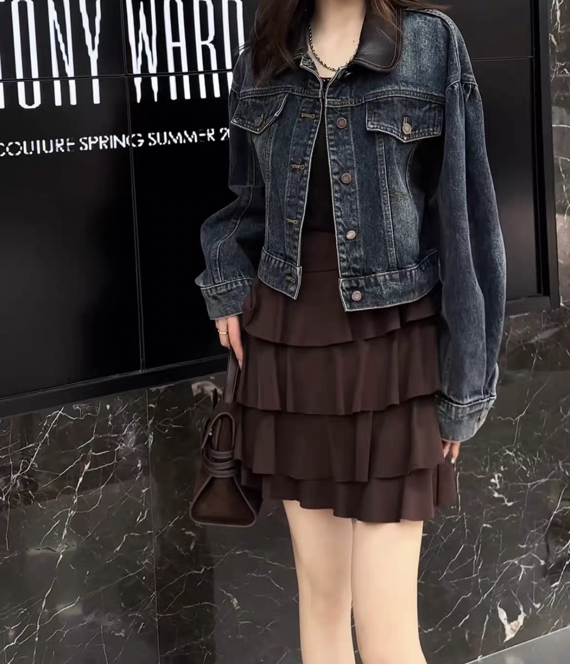 欧货2025秋装撞色拼接皮领牛仔褂经典休闲上衣百搭短外套 10001