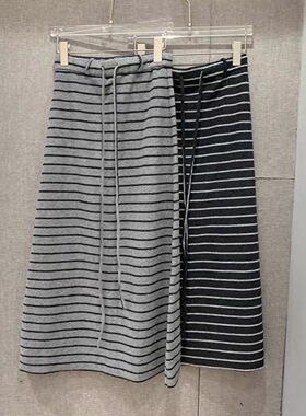 欧洲站2025秋冬新款 ph23抽绳高腰显瘦撞色条纹长款A字半身裙3985