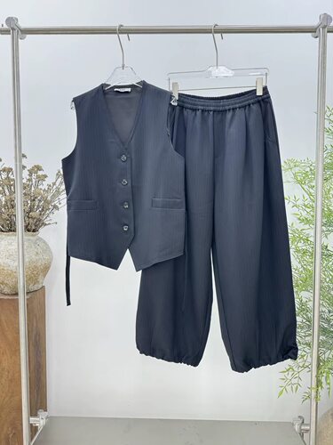 欧洲站PH23正品2026秋新款条纹马甲松紧腰长裤套装6332