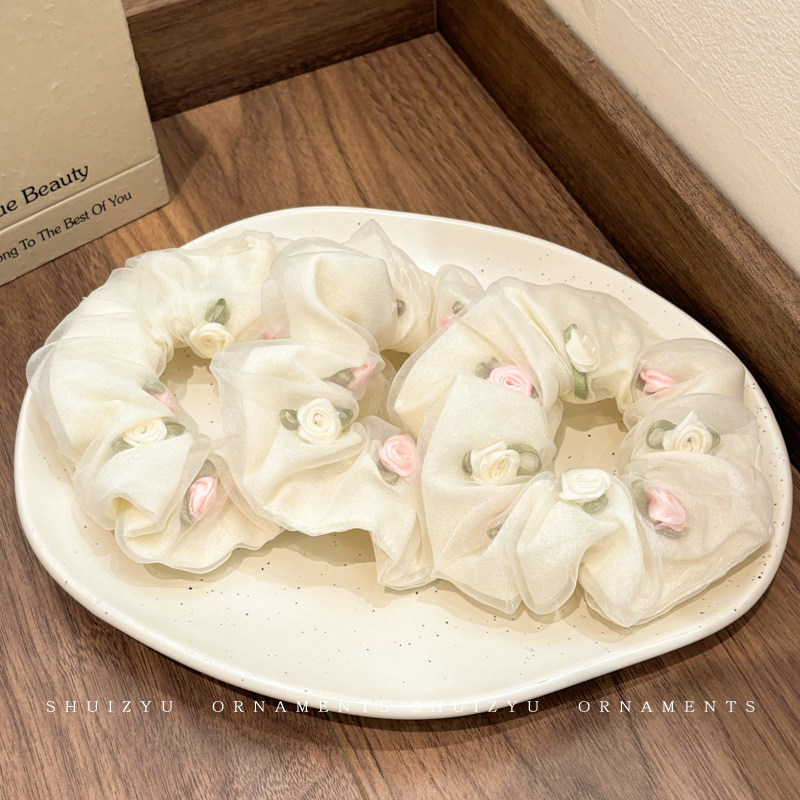 芒果超仙网纱玫瑰花大肠发圈氛围感马尾头绳头圈发绳皮筋饰品mg