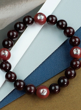 小叶紫檀四方来宝手链朱砂镶银国风四神兽手串紫金砂镶银道家饰品