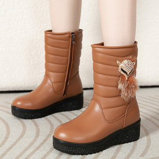 真皮雪地靴女时尚新款加绒冬季厚底加厚防滑兔毛靴子皮面中筒大码