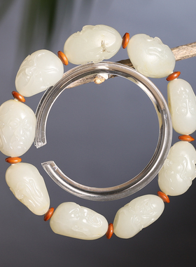 和田玉籽料留皮苏工十八罗汉手串