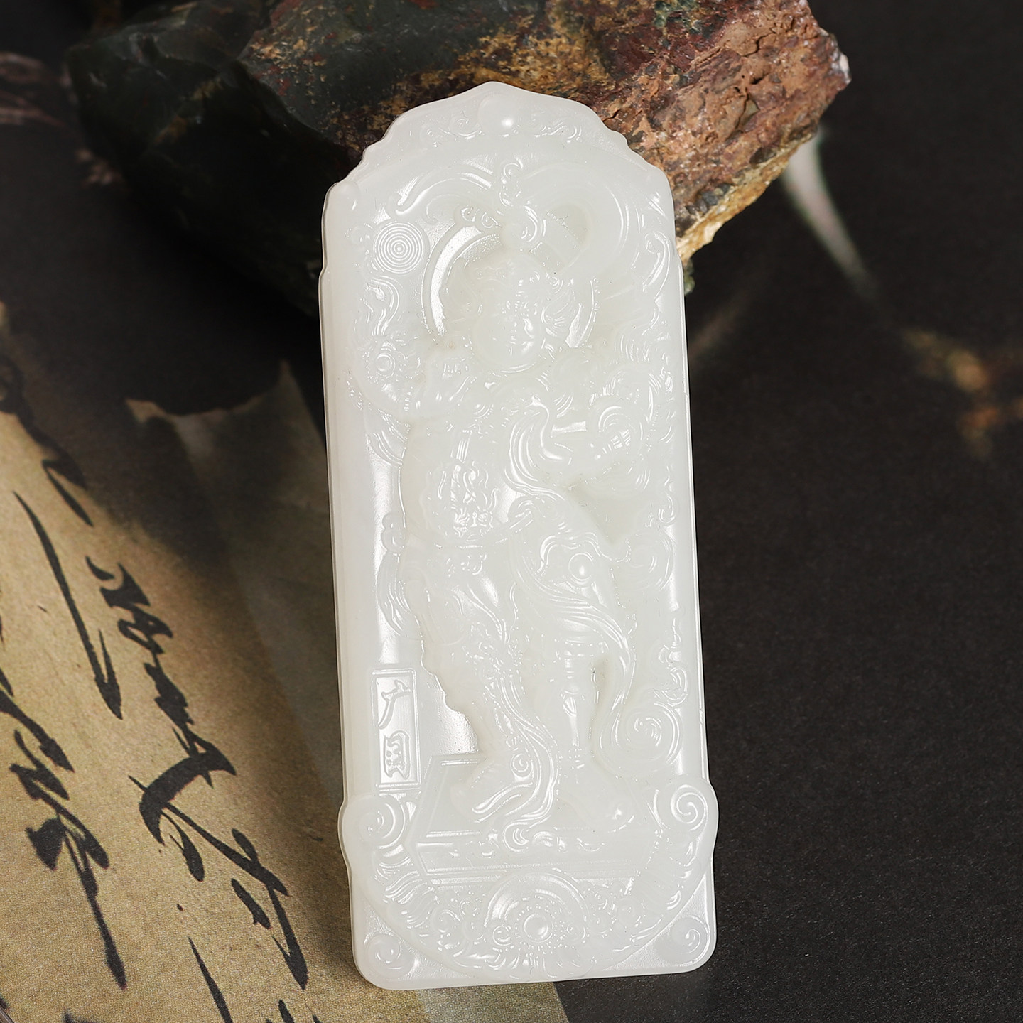俄料和田玉白玉广目天王吊坠玉牌挂件武将男款大牌子玉佩将将