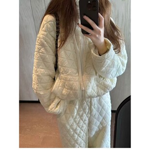 韩国chic2025秋冬新款保暖菱形格上衣外套加宽松橡筋束脚两件套装