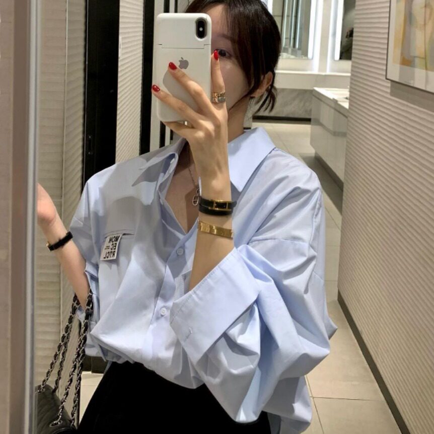 韩国chic2026秋季新品纯色气质淑女胸口小标宽松大码慵懒长袖衬衫