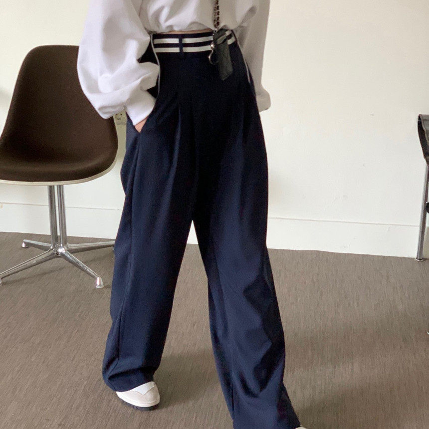韩国高腰垂感直筒裤小个子宽松休闲拖地西装裤 带内衬 秋冬新品