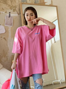 韩国chic2026夏季百搭背后大码慵懒色系字母侧开叉宽松短袖T恤女