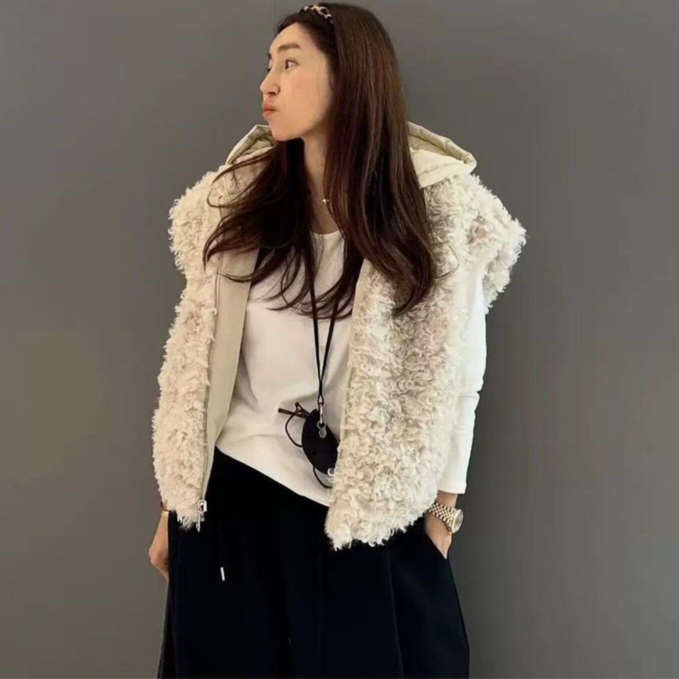 韩国2025秋冬复古气质两面穿宽松连帽羊羔毛棉服马甲外套开衫女