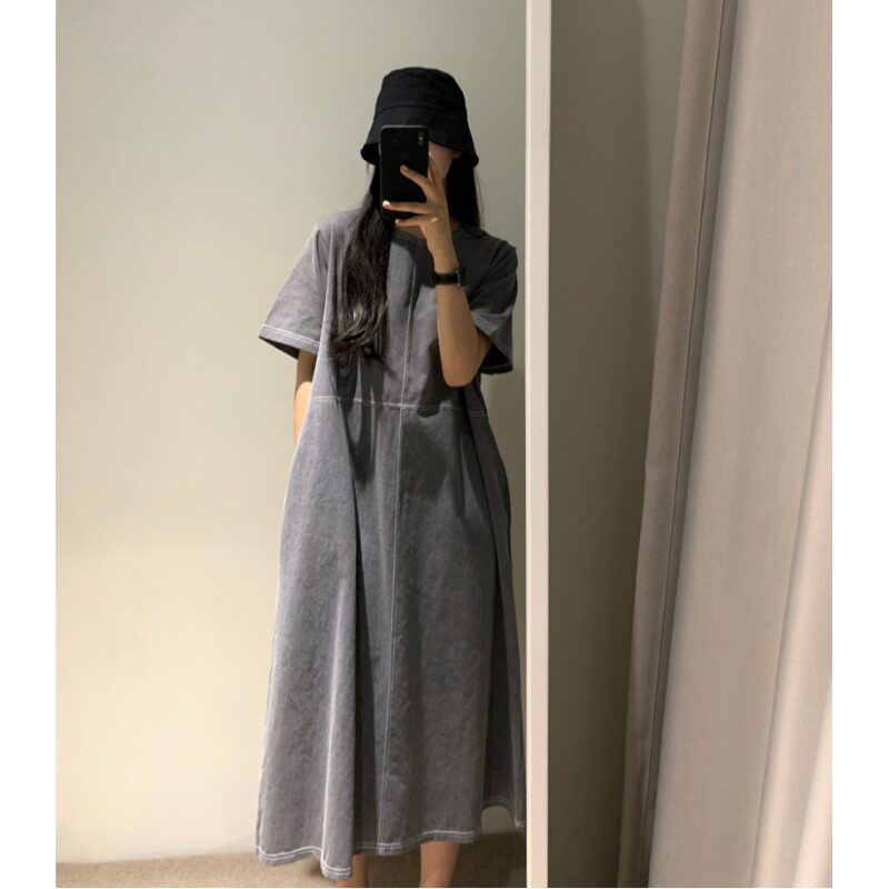韩风chic2026夏季新品棉麻明线连衣裙两侧有口袋大码中长款裙子