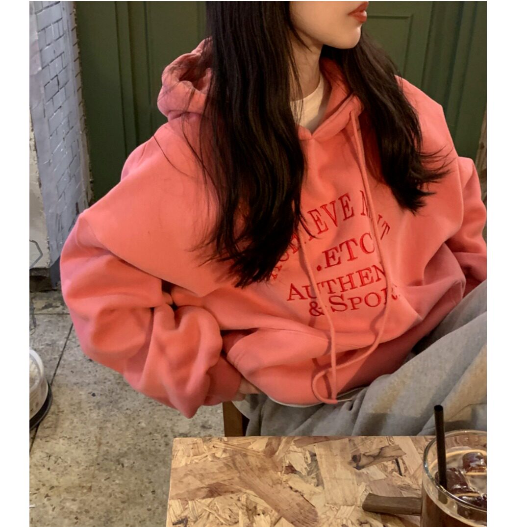 韩国ins气质百搭英文字母连帽加绒宽松显瘦卫衣2025冬季新品上衣