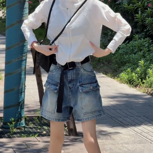 2026夏季胖MM洋气百搭工装风四分牛仔短裤大码女装高腰显瘦直筒裤