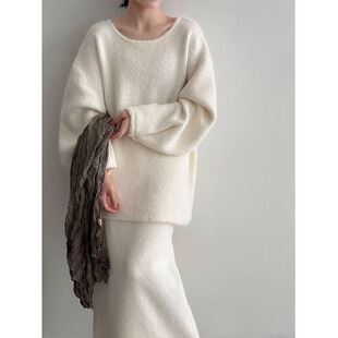 韩系慵懒后背纽扣毛衣+半身裙女秋冬温柔针织裙子两件套套装