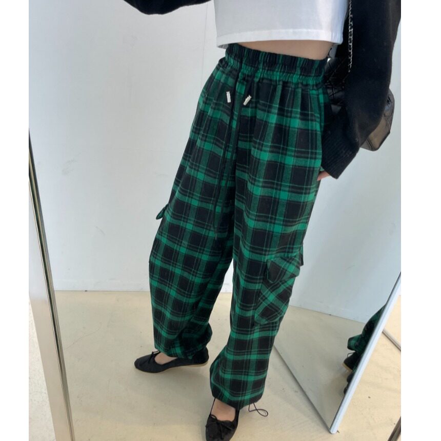 韩国chic2026春季新品宽松显瘦休闲慵懒时尚好看百搭格纹裤子女潮