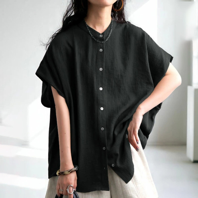 日系宽松蝙蝠袖衬衫女2025夏季大码女装胖MM显瘦通勤气质衬衣上衣