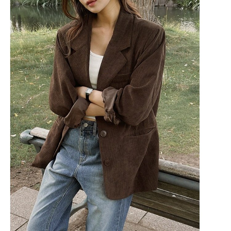 百搭时尚 韩国chic灯芯绒西装 中长款宽松休闲开衫夹克 韩版外套