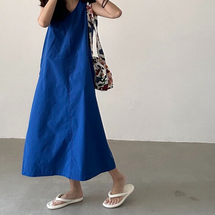 韩国chic2026夏季海边度假风无袖气质宽松显瘦裙子女蓝色连衣裙
