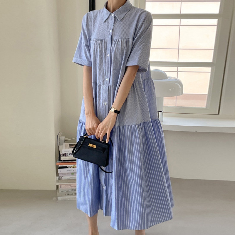 韩国chic2026夏季新品条纹单排扣宽松显瘦休闲裙子中长款连衣裙
