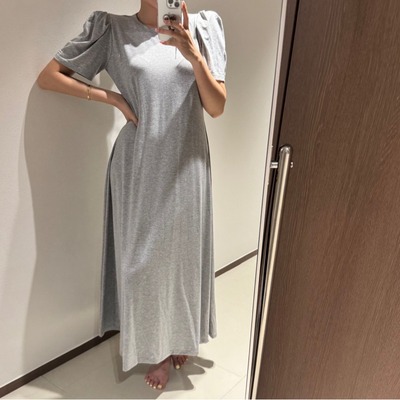 韩国chic2025夏季新品穿搭圆领泡泡短袖气质显瘦灰色连衣裙长裙