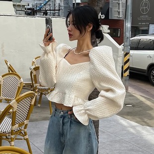 韩国chic2026春季法式复古泡泡袖方领衬衫女高级设计感别致上衣