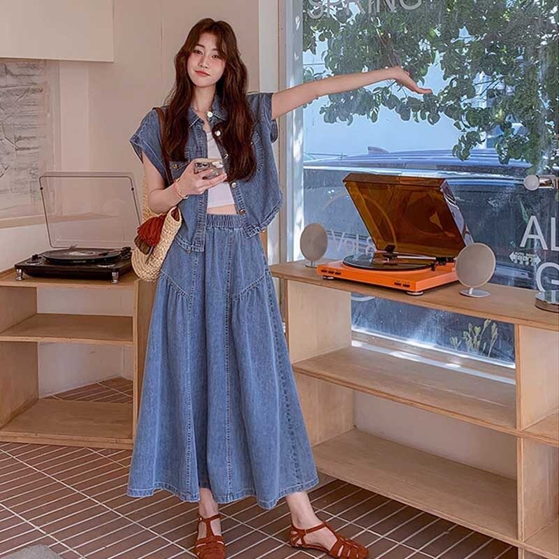 韩风设计感小众牛仔衬衫套装女2026夏季慵懒高腰显瘦半身裙两件套