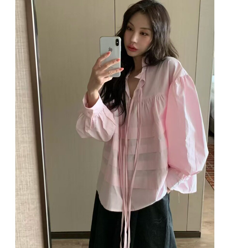 韩国chic 2026秋季新款立领压褶法式娃娃宽松显瘦气质上衣衬衫女