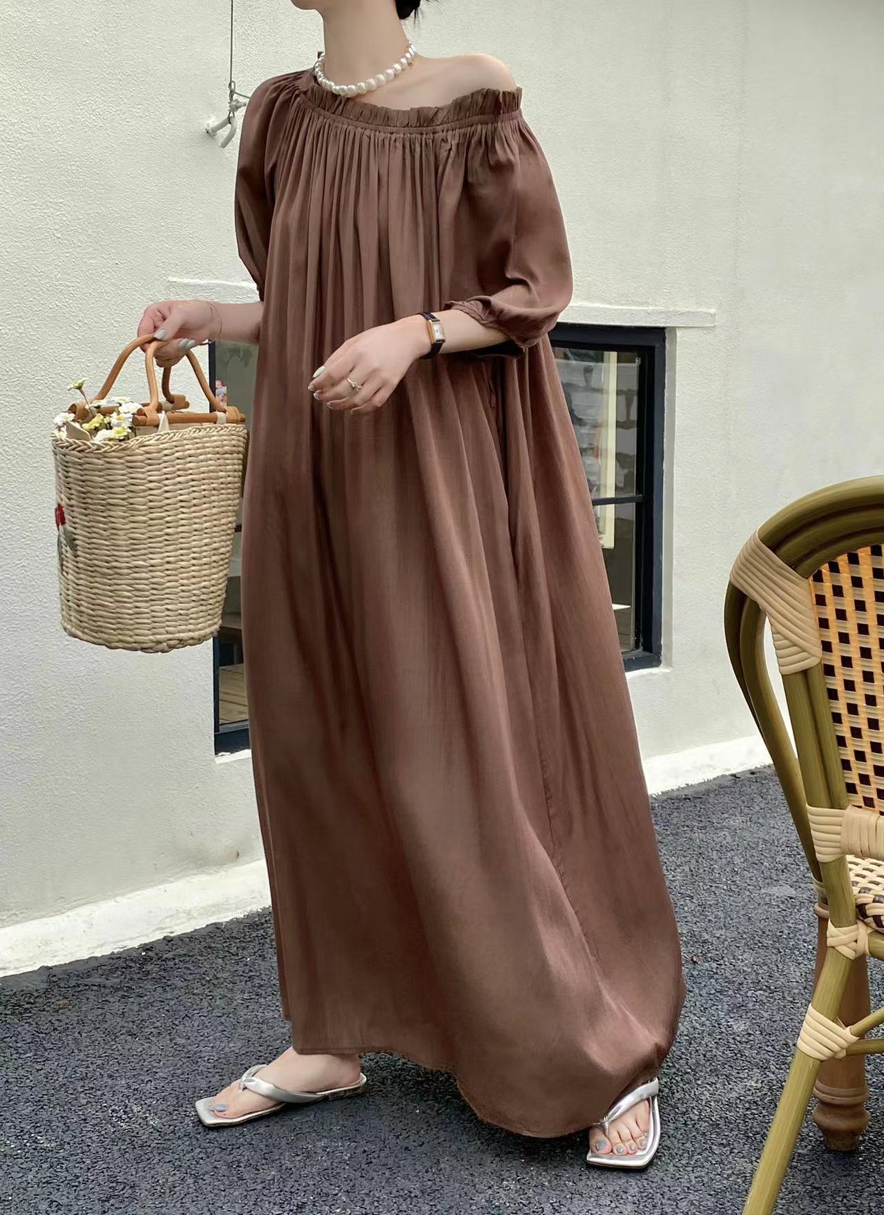 日韩女装203夏季跨境一字肩圆领两穿宽松系带显瘦长款短袖连衣裙