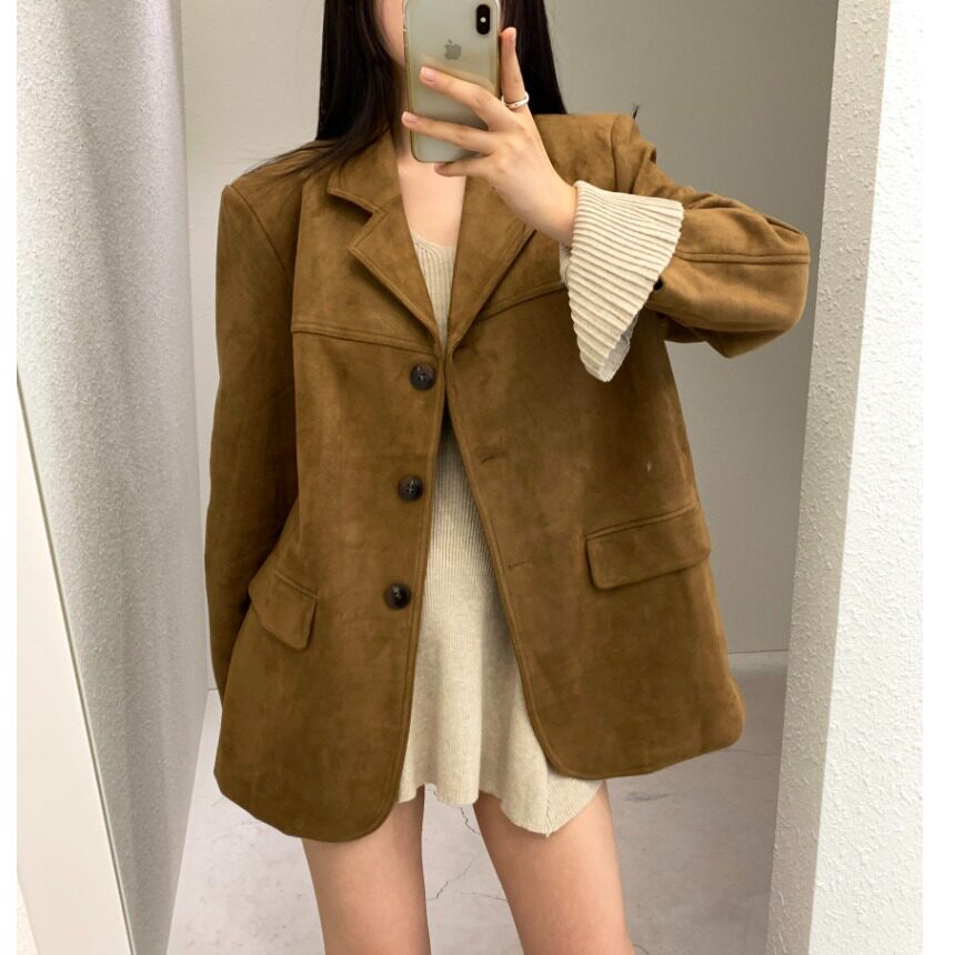 韩国chic2026春季大码复古咖色鹿皮绒西装外套美拉德长袖西服开衫