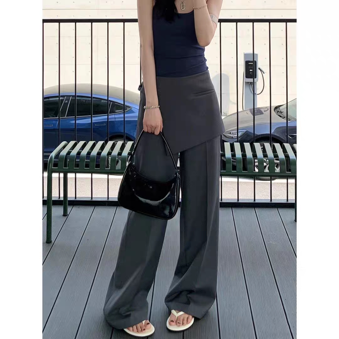 大码胖MM韩系假两件高腰休闲裤女新款层次感裙裤宽松直筒长裤2026
