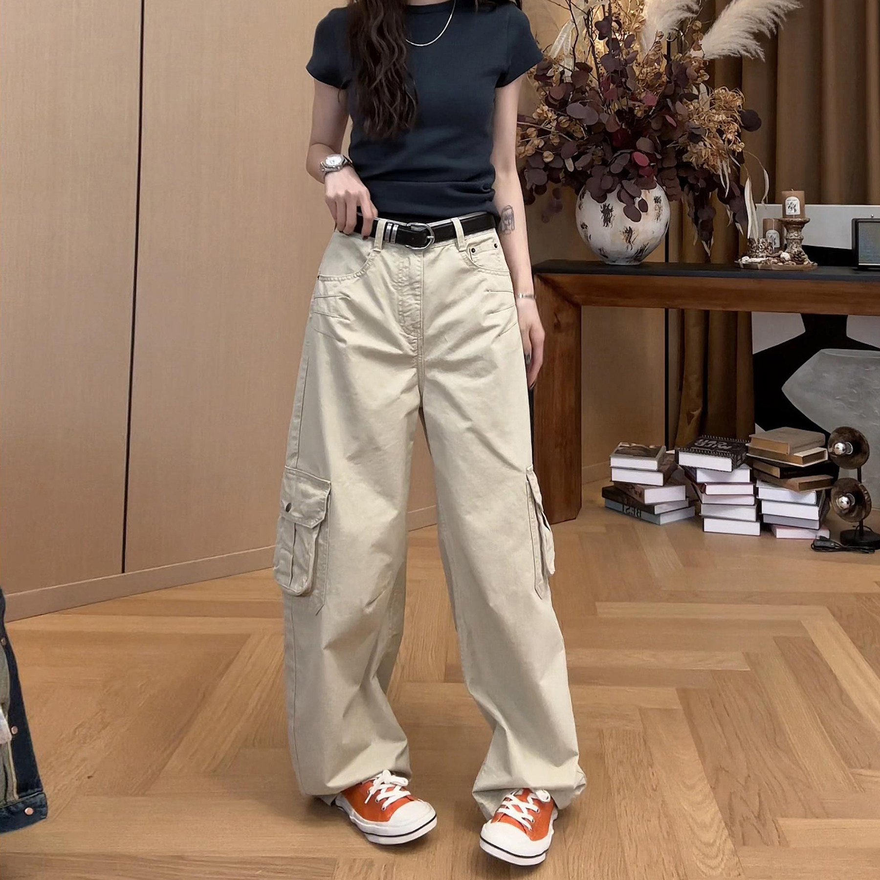 2026春季立体剪裁大口袋工装大码胖MM显瘦高腰拖地弯刀牛仔裤子女