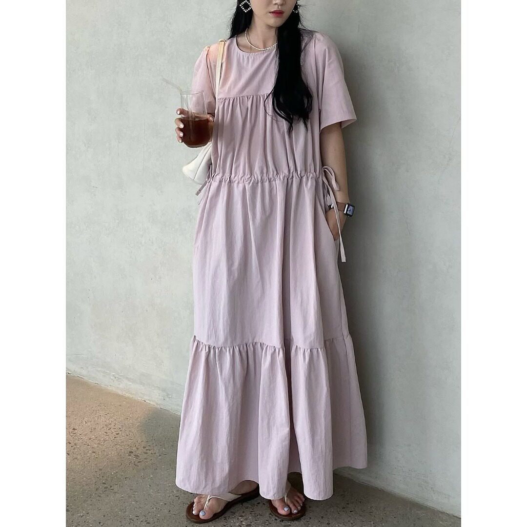 韩国chic2026夏季新品两色圆领宽松抽绳大摆气质裙子女显瘦连衣裙
