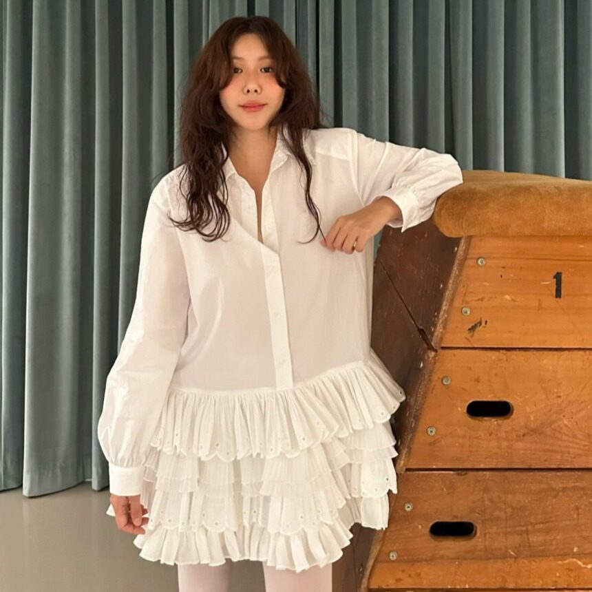 韩国东大门小众设计感拼接镂空蛋糕衬衫大码胖MM连衣裙女2026春季