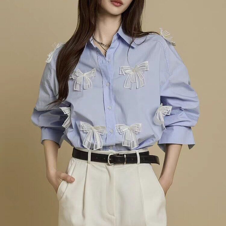 韩国东大门立体蕾丝蝴蝶结宽松翻领大码衬衫女大版衬衣2026秋季女