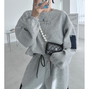 韩国chic复古百搭宽松字母长袖卫衣+高腰工装束腿裤长裤套装2025