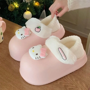 防水棉拖鞋女款2025新款秋冬季室内家居可拆卸凯蒂猫毛绒拖鞋冬天