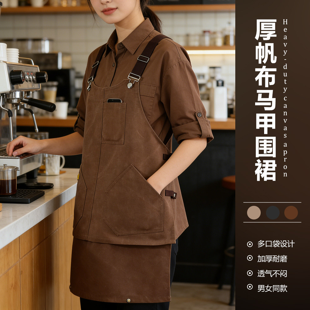 咖啡店网红同款工作服围裙定制logo餐厅厨房画画时尚马甲帆布工装