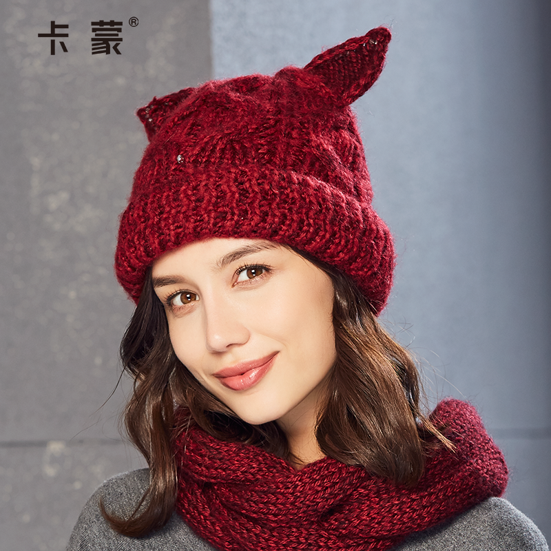 加厚保暖羊毛帽子女士秋冬加绒毛线帽子猫耳朵女帽冬天可爱针织帽