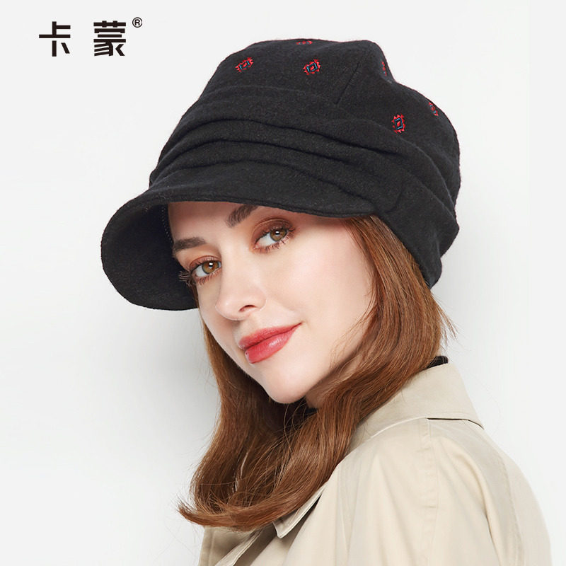 卡蒙全羊毛刺绣鸭舌帽女适合脸大复古八角贝雷帽冬季英伦复古呢帽