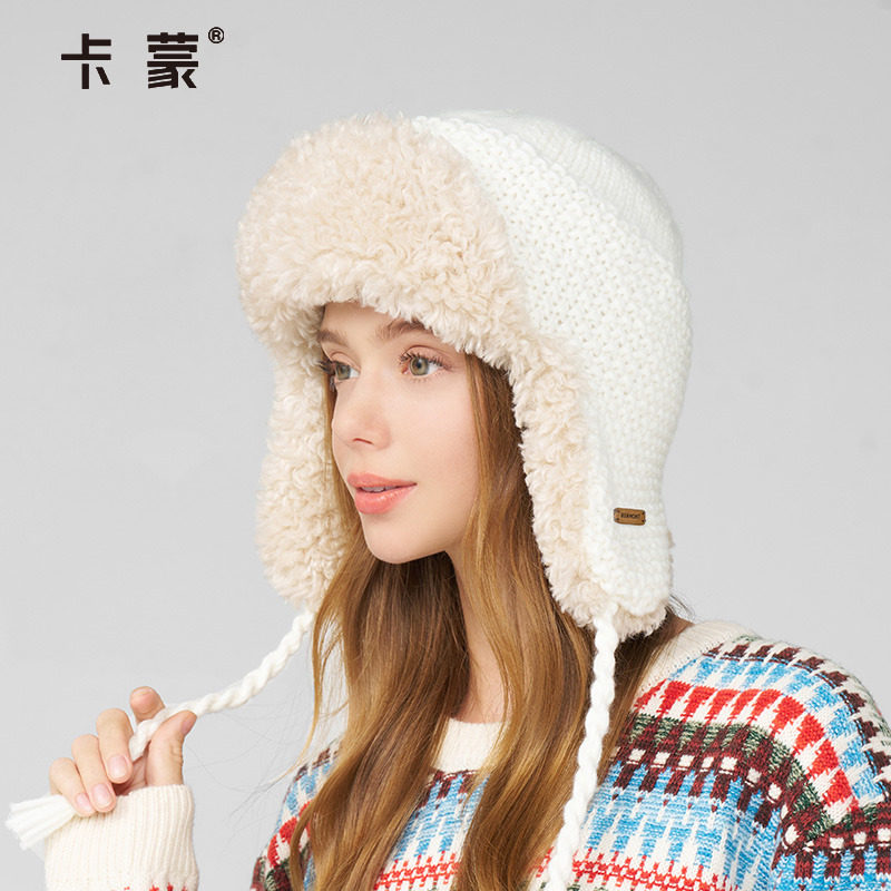 卡蒙加绒加厚防寒可爱流苏针织护耳帽女大头围亲肤保暖羊毛毛线帽