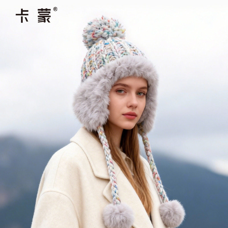 卡蒙亲子毛线帽女冬季显脸小加厚保暖护耳毛绒针织帽粗毛线羊毛帽