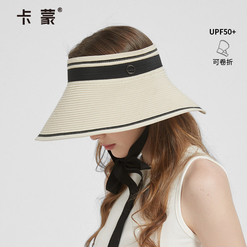 卡蒙女式遮阳防晒帽女新款防紫外线飘带渔夫帽大帽檐空顶蛋卷草帽
