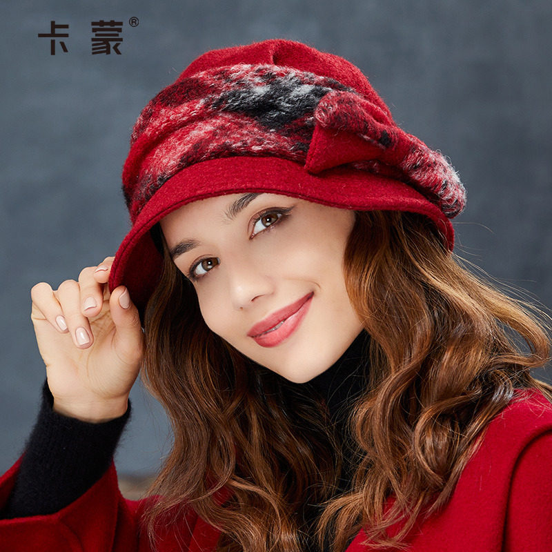 卡蒙优雅蝴蝶结贝雷帽女秋冬韩版毛呢渔夫帽日系百搭小盆帽显脸小