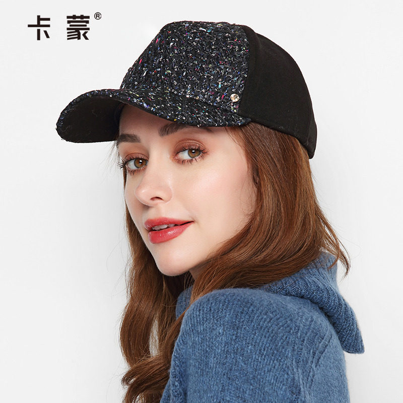 卡蒙加厚蓝色硬顶棒球帽亮片毛呢帽子女秋休闲春时尚帽百搭鸭舌帽
